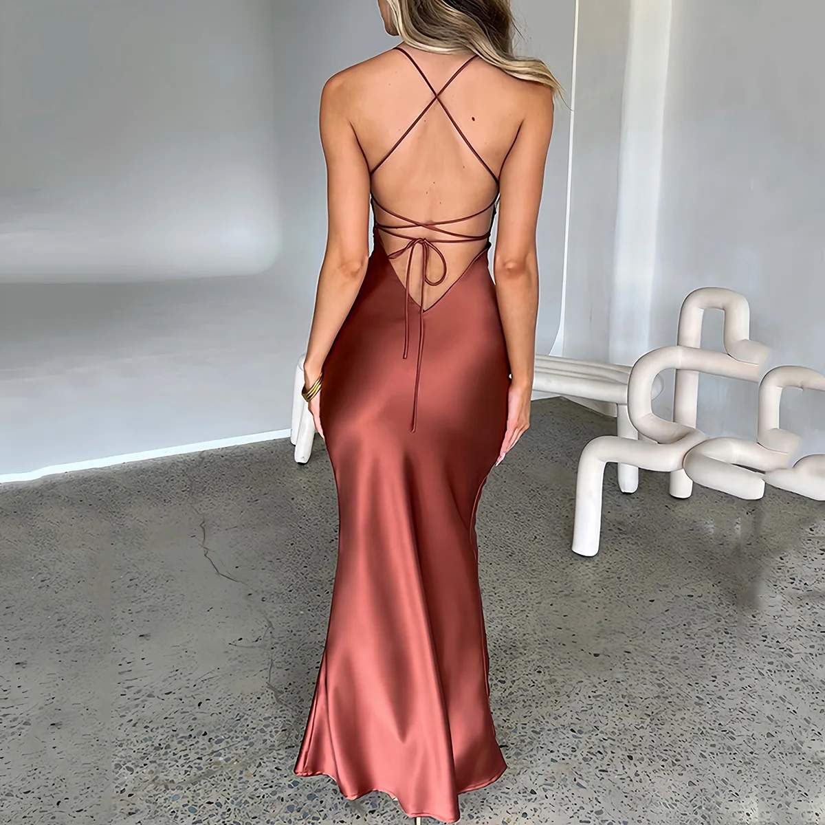 Women’s Satin Spaghetti Strap Dress – Backless Summer Party Dress