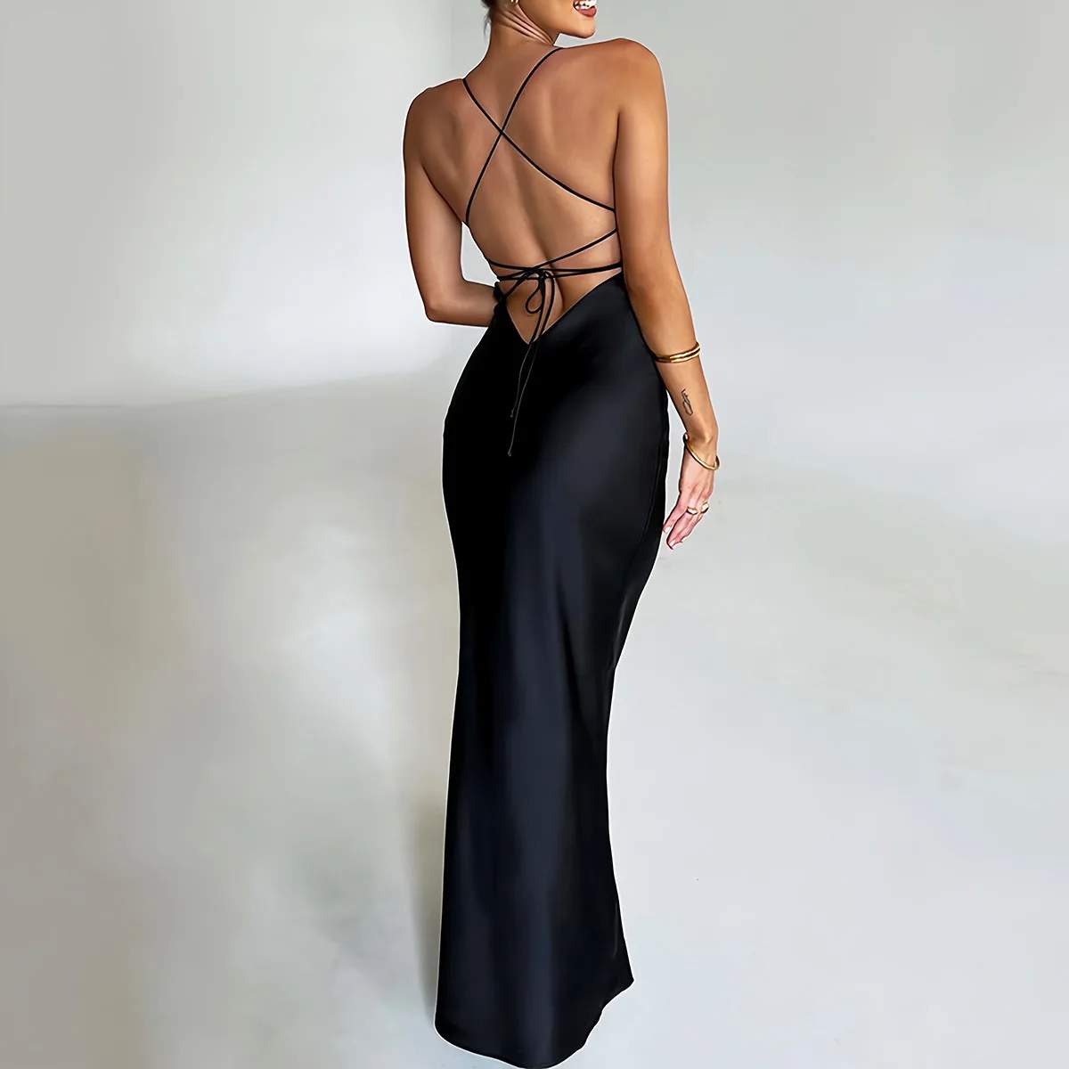 Women’s Satin Spaghetti Strap Dress – Backless Summer Party Dress